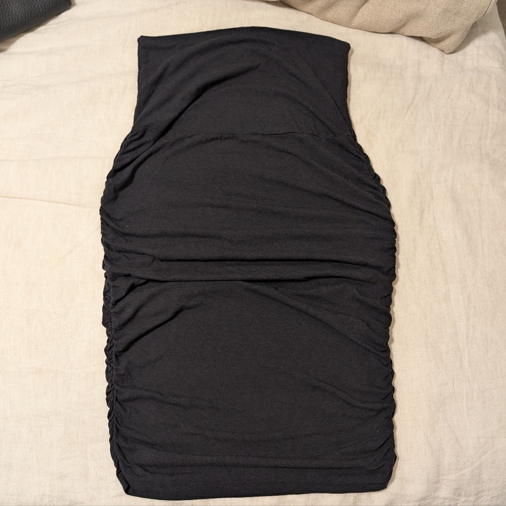 Angel Maternity Sz M Black Ruched Midi Skirt Pencil Bodycon Over The Bump